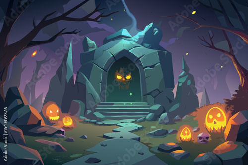 Spooky Halloween night with a haunted house silhouette in dark autumn woods, featuring a scary pumpkin, full moon, and flying bats, perfect for a horror holiday celebration card design