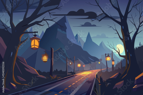 Spooky Halloween night landscape with a haunted castle, silhouetted trees, and a full moon over a dark, mysterious town illustration
