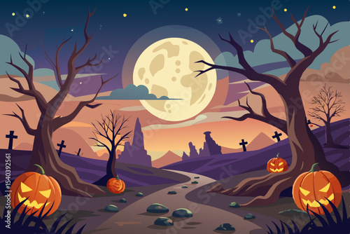 Spooky Halloween night background with pumpkins, bats, and a haunted house silhouette under a full moon