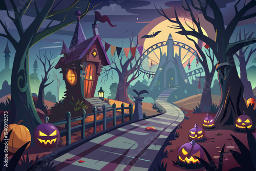 Spooky Halloween night landscape with a haunted castle, full moon, and bats flying around silhouetted trees, a perfect vector illustration for October holiday celebrations