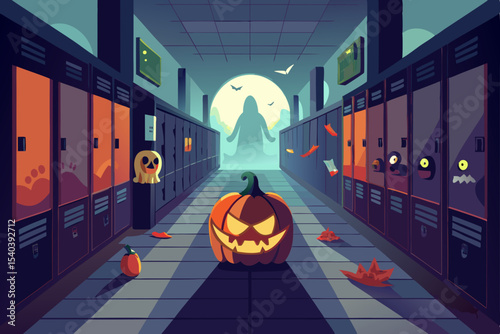 Spooky Halloween night in the city with a scary pumpkin lantern, a black bat, and an orange moon