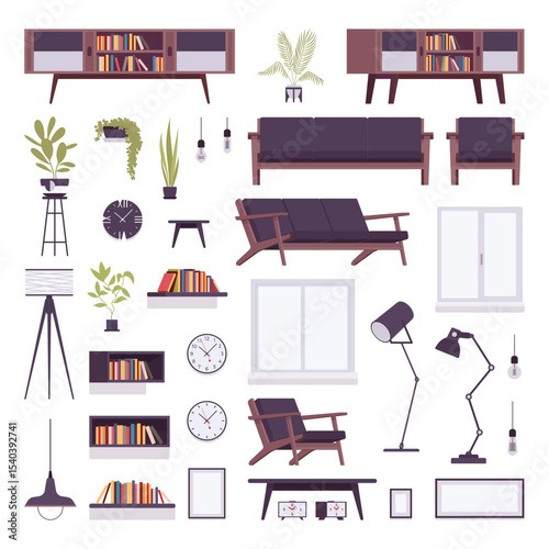 Furniture items and decor for living room home objects pack. Sofa, lamp, table, seating, storage, display to create comfortable, inviting and functional modern space to arrange. Vector illustration