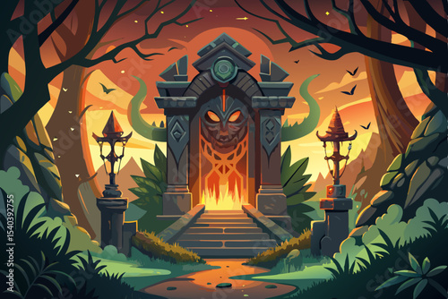 A spooky Halloween night scene with pumpkins, bats, and a dark tree silhouette under an orange moon, perfect for a scary autumn holiday celebration