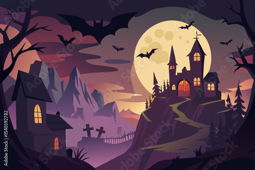 Spooky Halloween night with a haunted castle and house silhouettes under a full moon, surrounded by scary trees, bats, and pumpkins