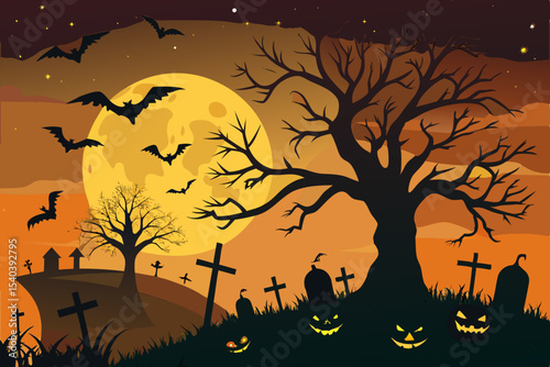 Spooky Halloween night landscape with silhouetted trees, bats, and pumpkins against an orange sunset and moon