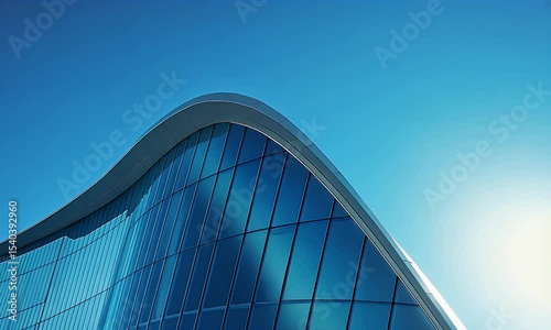 Curved Glass Facade of a Modern Building Under a Clear Blue Sky in Sunlight