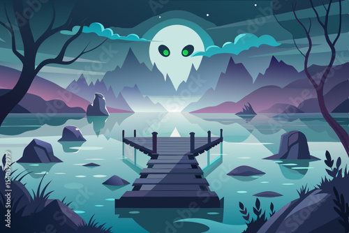 Halloween night landscape with moon over the sea, a vector illustration of a tranquil blue ocean