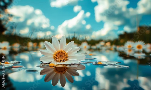 Daisy Flowers Reflecting in Water Under a Blue Sky with Clouds in Natural Background