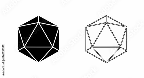 This high-quality vector image features two 20-sided die (icosahedron) icons: a solid black silhouette and a black outline with a darker top line, all with fine details.