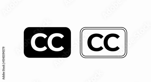This high-quality vector image features two minimalist closed caption icons: a solid black rectangle with white "CC" and a white outlined rectangle with black "CC", all with fine details.