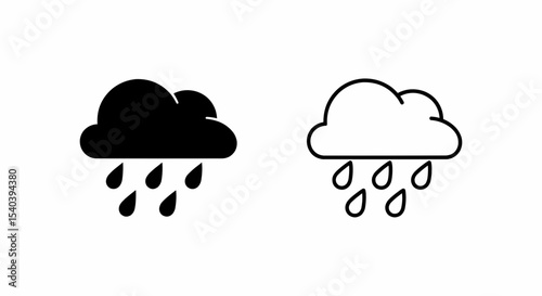 This high-quality vector image features two minimalist rain cloud icons: a solid black silhouette and a black outline, both with five teardrop raindrops, all with fine details.