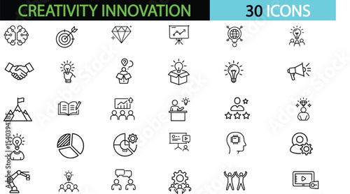 Creativity innovation set of web icons in line style. Creative business solutions icons for web and mobile apprentice idea, team management, solution, brainstorming. Vector illustration
