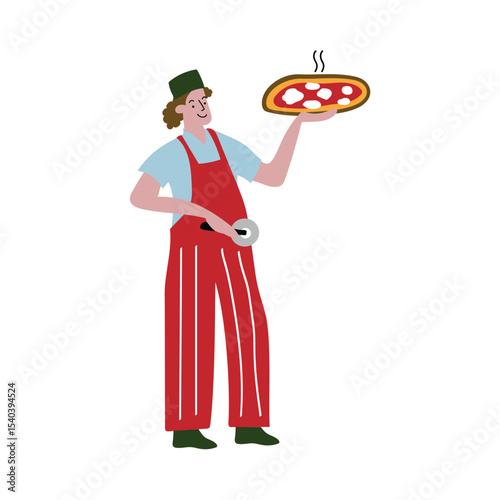 Pizzaiolo in Red Overalls Holding Hot Pizza and Cutter