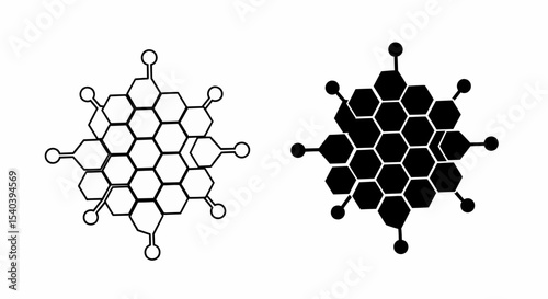 This high-quality vector image features two identical hexagonal grid patterns (honeycomb) with circular nodes. One is a solid black silhouette, the other a black outline, both with fine details.