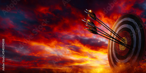 The vibrant colors of the sky add intensity and beauty to this archery scene.