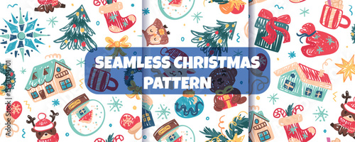 Seamless Christmas pattern set in childlike crayon style. Print for cloth design, textile, fabric, wallpaper, wrapping paper. Chalk Hand drawn vector kids sketches: houses, trees, animals, gifts, snow