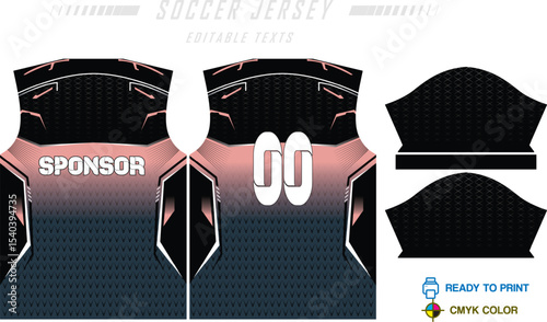 Sport jersey design template with grunge line halftone pattern background. Sport uniform in front & back view. Shirt mock up for sport club.