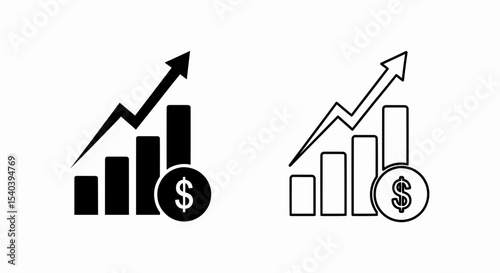 This high-quality vector image features two increasing economic bar graphs with a dollar sign and jagged arrow. One is solid black, the other outlined, both with fine details.