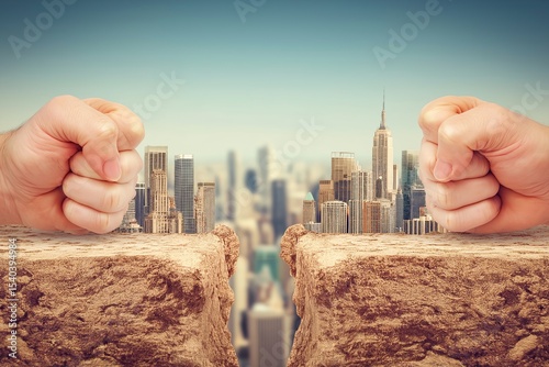 Two clenched fists on either side of a cityscape, emphasizing conflict or a metaphorical divide. The image visually represents tension, disagreement, or a struggle.
