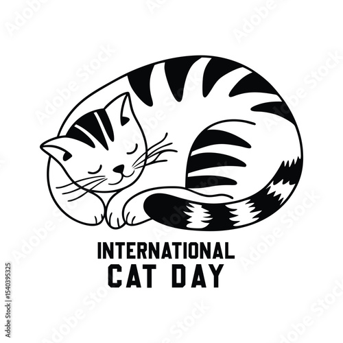 international cat day curled tabby vector illustration in pastel colors.