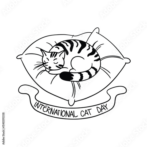 international cat day curled tabby vector illustration in pastel colors.