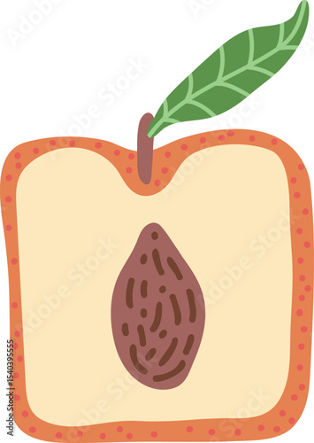 Artistic hand drawn illustration of square peach with leaf. Vector drawing of half of sweet fruit with seed and pulp isolated on white background. Drawing of summer vegan dessert for your printing.