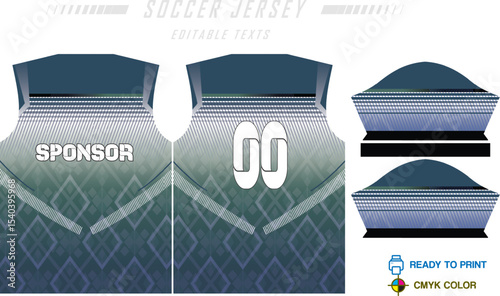Sport jersey design template with grunge line halftone pattern background. Sport uniform in front & back view. Shirt mock up for sport club.