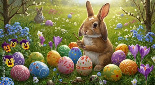 Easter Bunny Painting Eggs Illustration