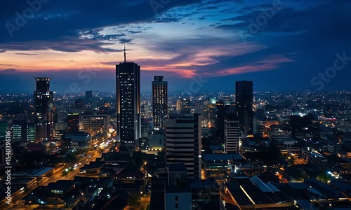 Detailed Night Cityscape with Illuminated Buildings Against Colorful Twilight Sky
