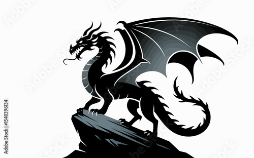 Silhouette vector of a stylized dragon with minimalistic curves and wings extended, standing on a rock, simplified mythological design in black on white.
