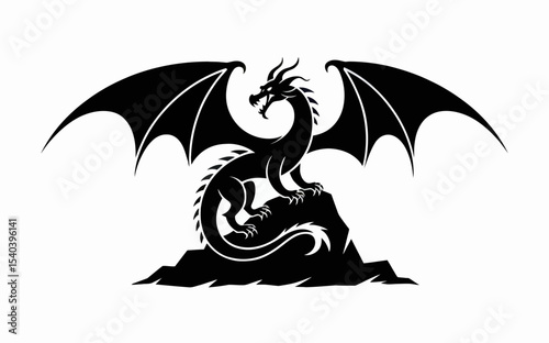 Silhouette vector of a stylized dragon with minimalistic curves and wings extended, standing on a rock, simplified mythological design in black on white.
