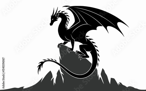 Silhouette vector of a stylized dragon with minimalistic curves and wings extended, standing on a rock, simplified mythological design in black on white.
