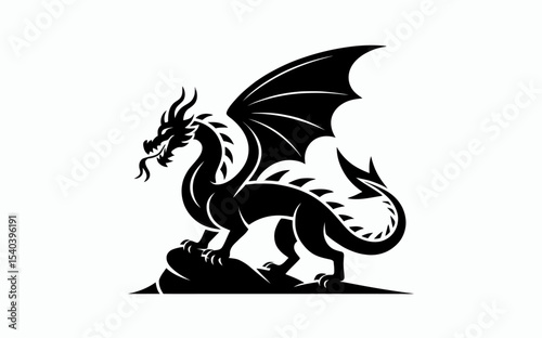 Silhouette vector of a stylized dragon with minimalistic curves and wings extended, standing on a rock, simplified mythological design in black on white.

