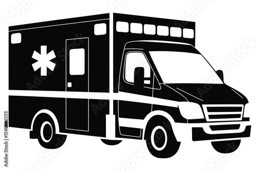 A bold, stylized black silhouette of an ambulance van against a white background.