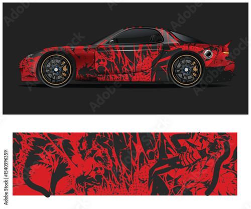 Red and Black Abstract Car Wrap Design for Sports Coupe