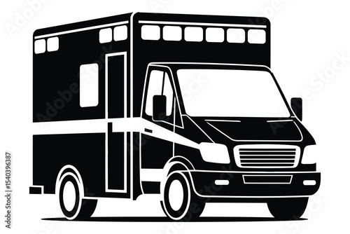 A bold, stylized black silhouette of an ambulance van against a white background.