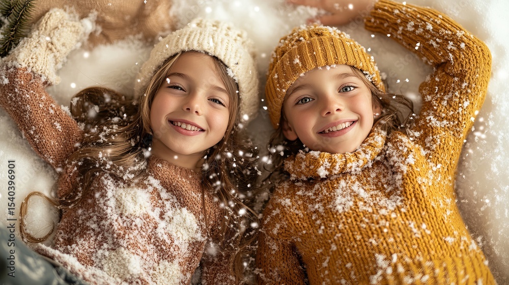 Fototapeta premium Two smiling girls lie in the snow wearing winter hats and sweaters with snowflakes on their clothing.