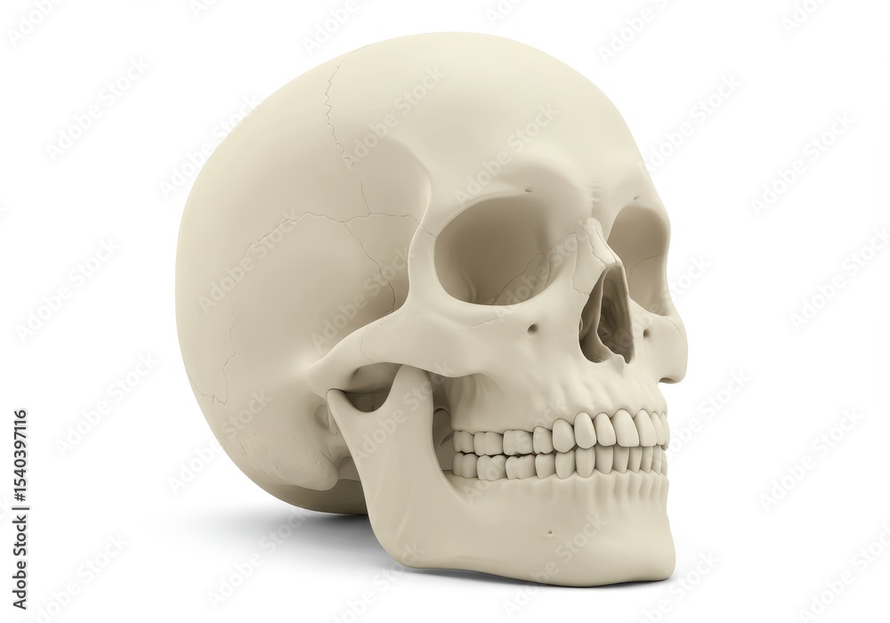 Obraz premium Anatomical model of a human skull on white background, viewed from the side