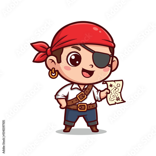 Smiling Cartoon Pirate Boy Holding a Treasure Map