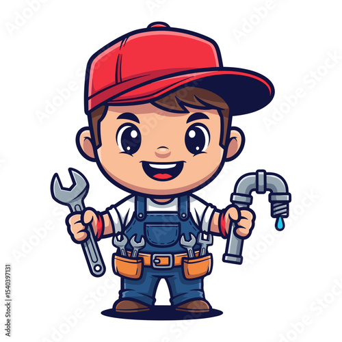 Smiling Cartoon Plumber with Tools and Leaking Pipe