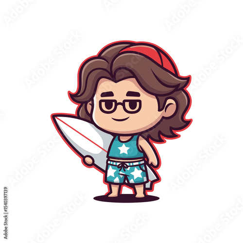 Smiling Cartoon Surfer Girl with Surfboard Pixel Art Illustration
