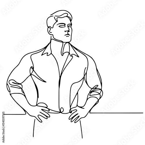 Defiance: arrogant and proud man in theatrical pose of grandeur — minimalist single-line black drawing. One line drawing.