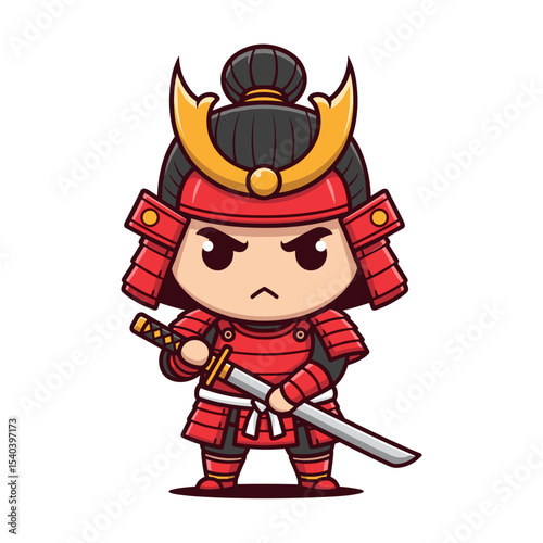Angry Cartoon Samurai in Red Armor Holding a Katana