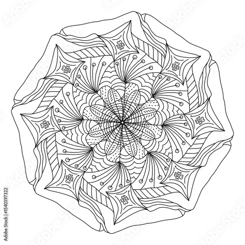 Mandala pattern with black line and calm on white background.