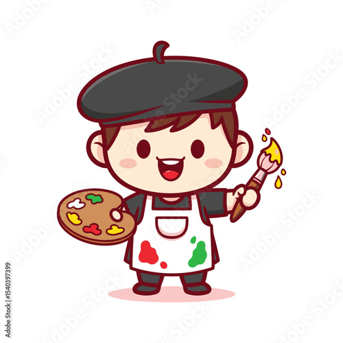 Joyful Cartoon Child Artist with Paintbrush and Palette