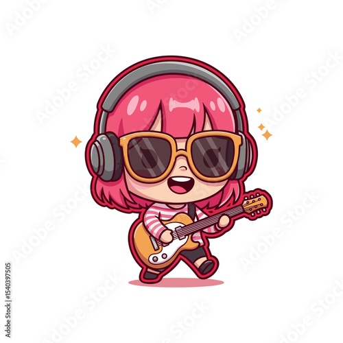 Joyful Cartoon Girl Playing Guitar Pink Hair, Sunglasses, Headphones, Pixel Art Style