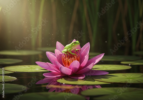 Green Tree Frog on Pink Water Lily - Nature Illustration