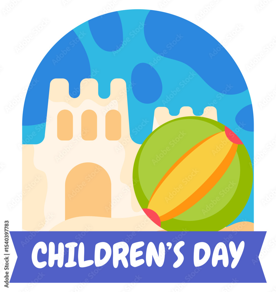Fototapeta premium Happy Children's Day Sandcastle and Beach Ball Illustration