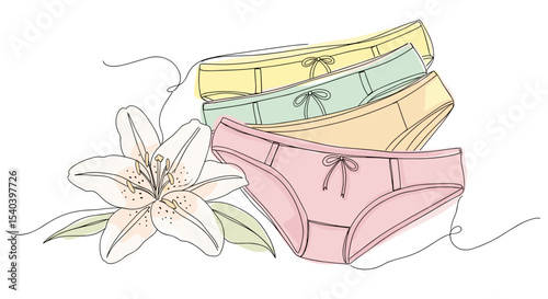 Set of women’s panties with flower one line doodle drawing with watercolor fill, minimalistic vector illustration on white background

