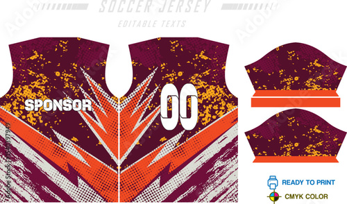 Sport jersey design template with grunge line halftone pattern background. Sport uniform in front & back view. Shirt mock up for sport club.